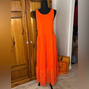 J Crew orange/red knit dress with eyelet detail.